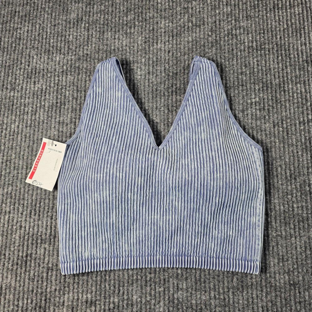 90 Degree by Reflex Stone Wash Seamless Alamo Bra Blue Ribbed V-Neck Crop Top M
